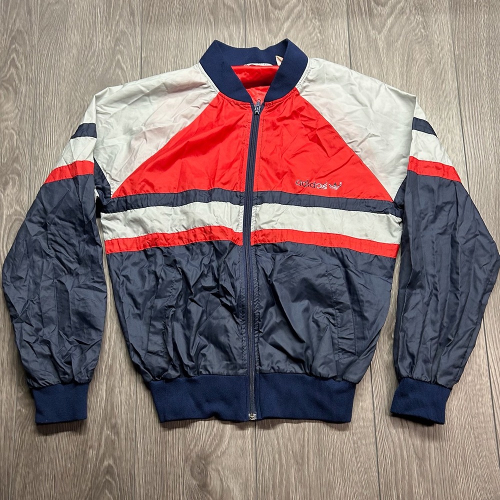 Vintage 80s Adidas Trefoil Windbreaker Medium Jacket Navy Red White Mens